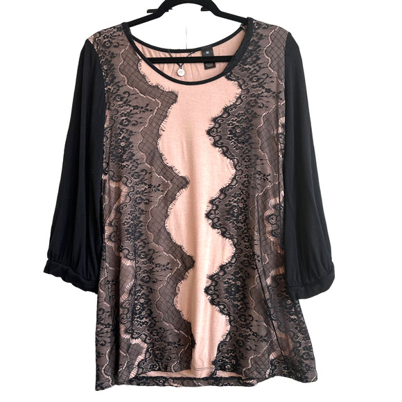 BKE Tops - BKE Boutique Dusty Pink with Black Lace Overlay design Top